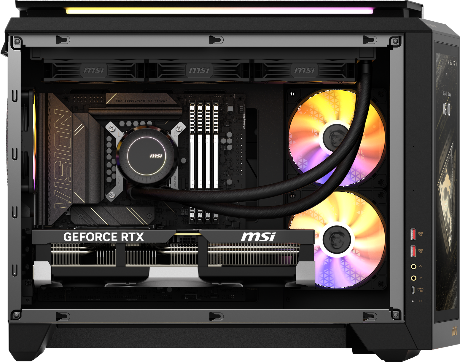 Ein PC-Gehäuse mit MSI-Logo, Grafikkarte und beleuchteten Lüftern.