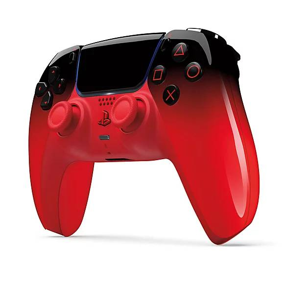 Un mando rojo y negro con dos joysticks y botones.