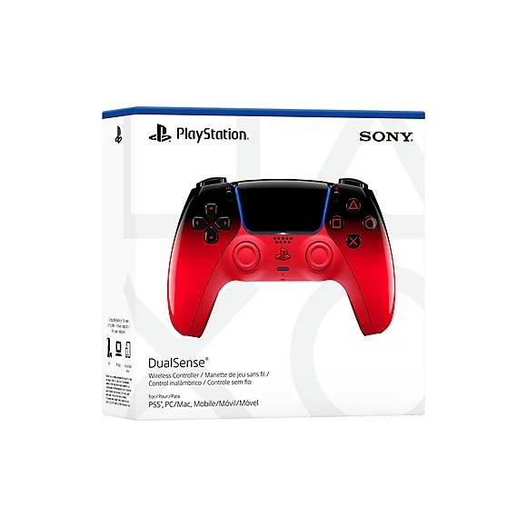 Embalaje de caja de un mando DualSense de PlayStation rojo y negro.