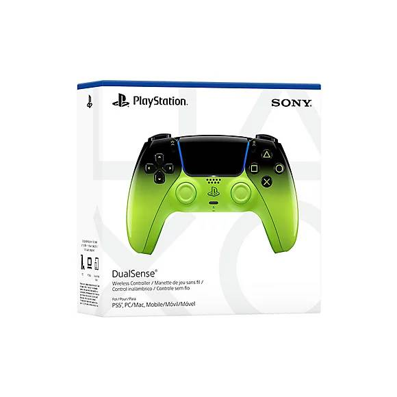 Caja de un mando DualSense de PlayStation verde y negro.
