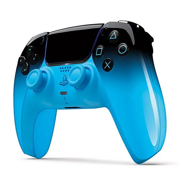 Mando de juegos azul y negro con botones y joysticks.
