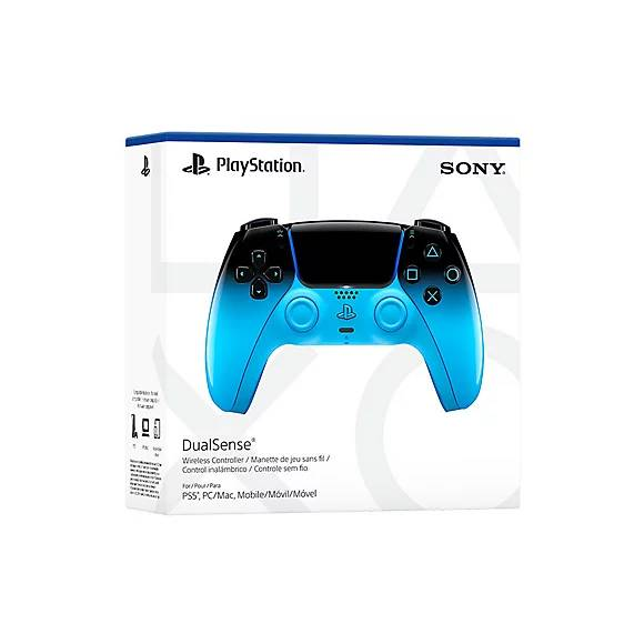 Embalaje del mando PlayStation DualSense en azul y negro con logos de Sony y PlayStation.
