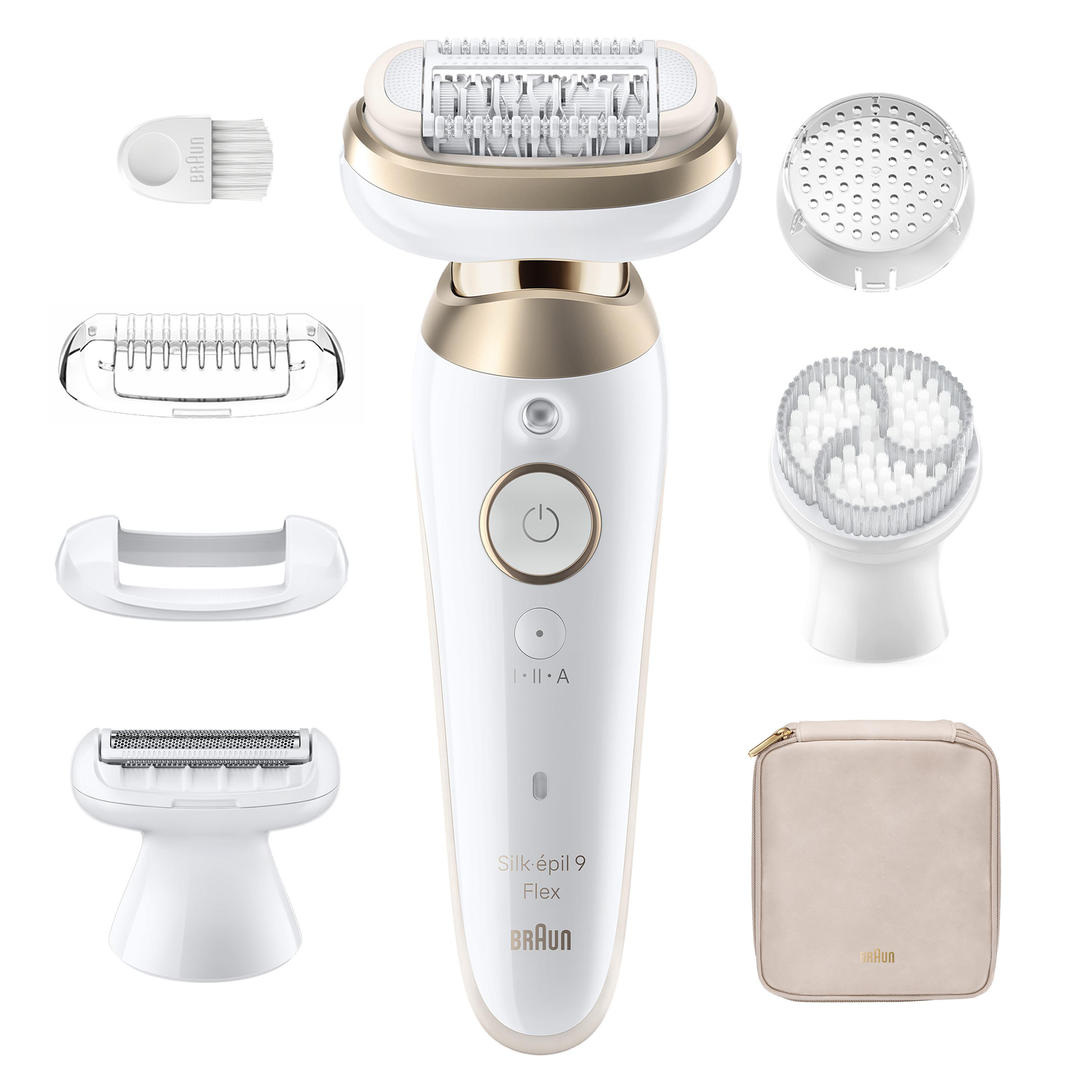 Braun Silk-épil 9 Flex Epilierer mit Zubehör: Aufsatz, Bürste, Tasche.