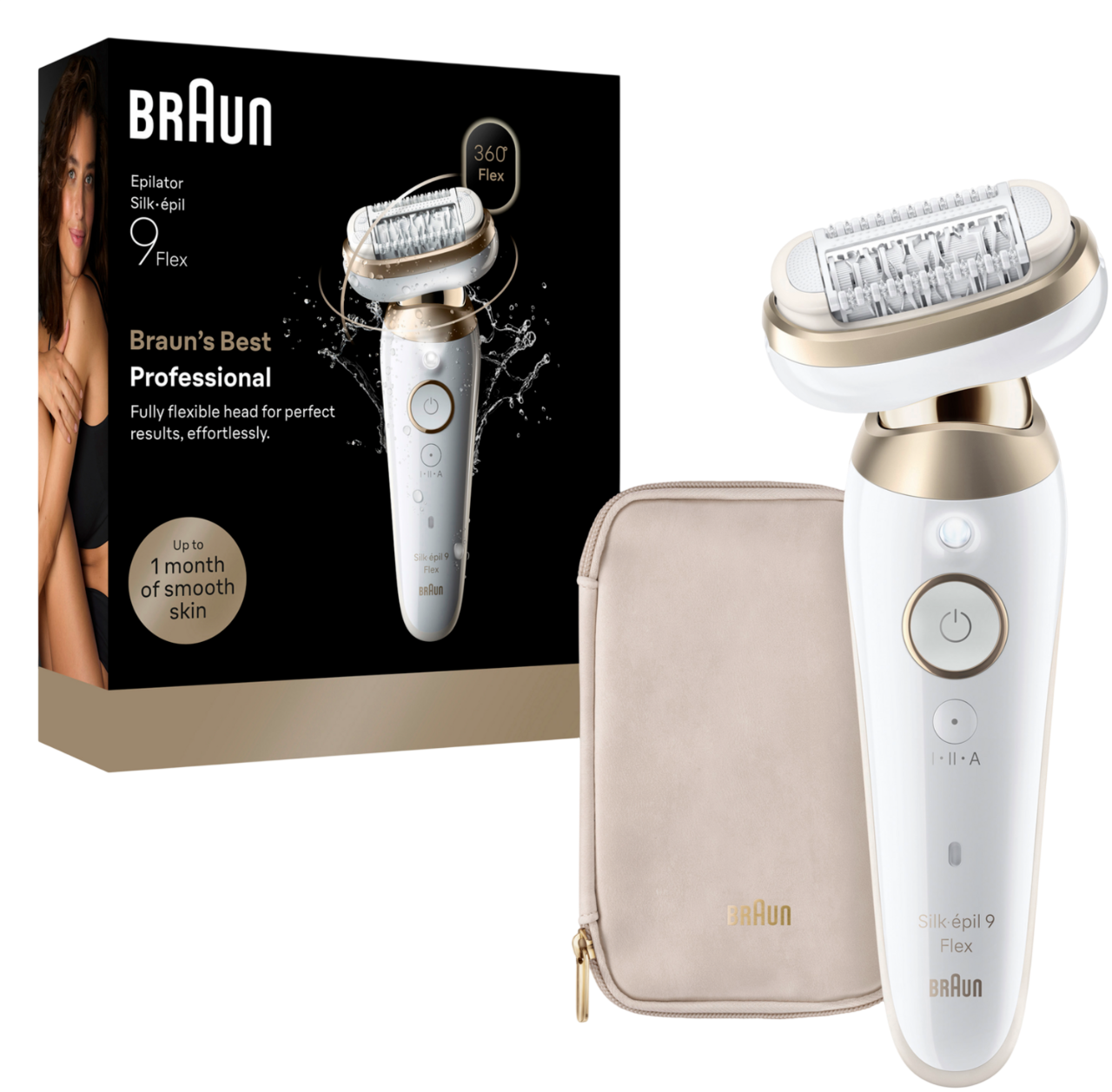 Braun Silk-épil 9 Flex Epilierer mit einem flexiblen Kopf in Gold und Weiß, mit Tasche gezeigt.