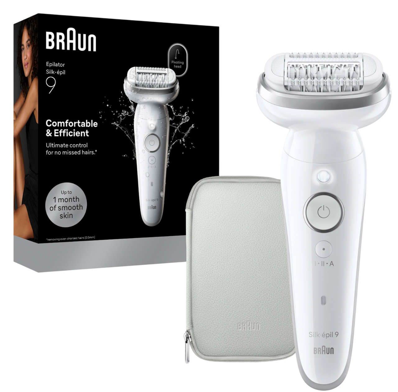Braun Silk-épil 9 Epilierer mit schwenkbarem Kopf, Tasche und Verpackung.