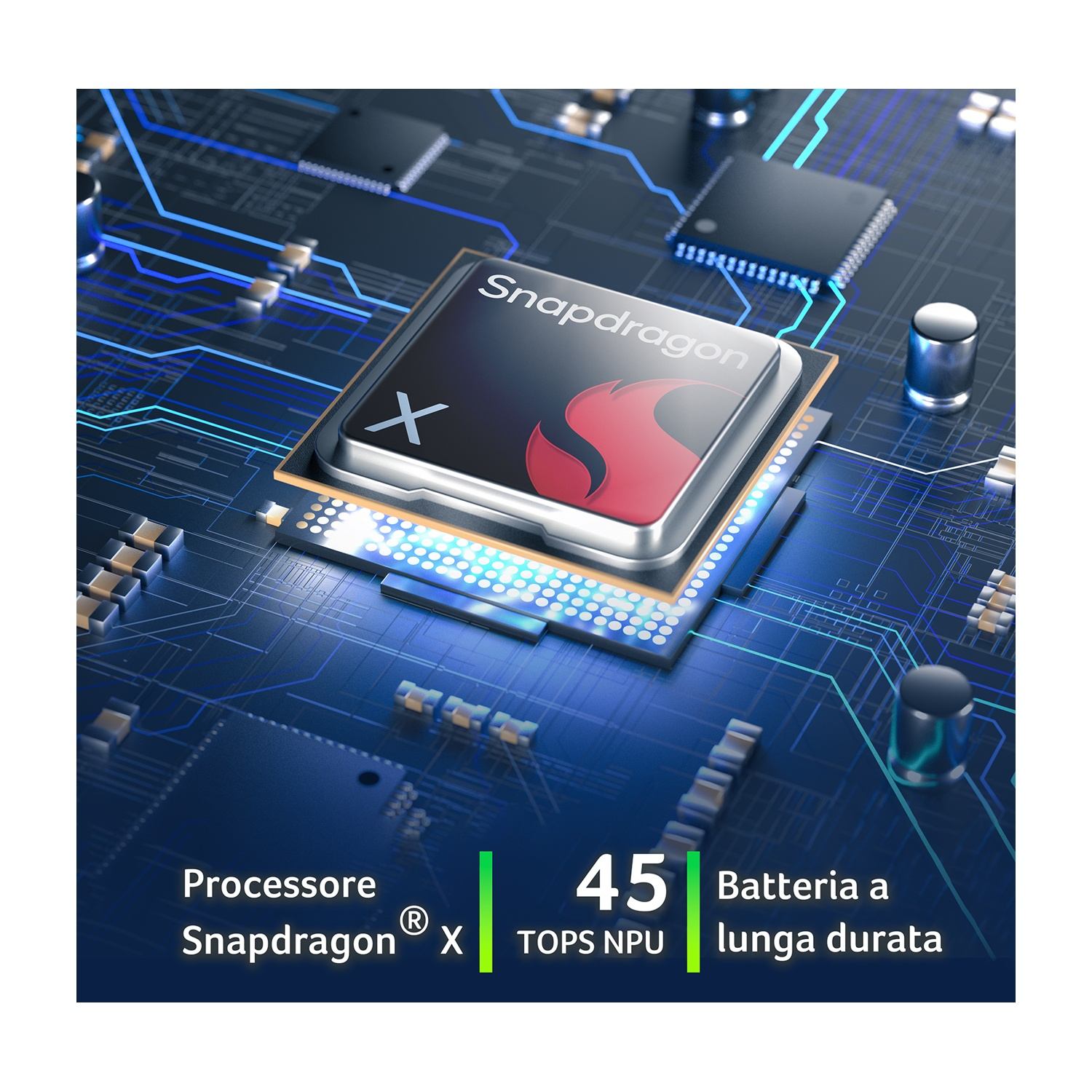 Processore Snapdragon X su un circuito con linee blu e testo.