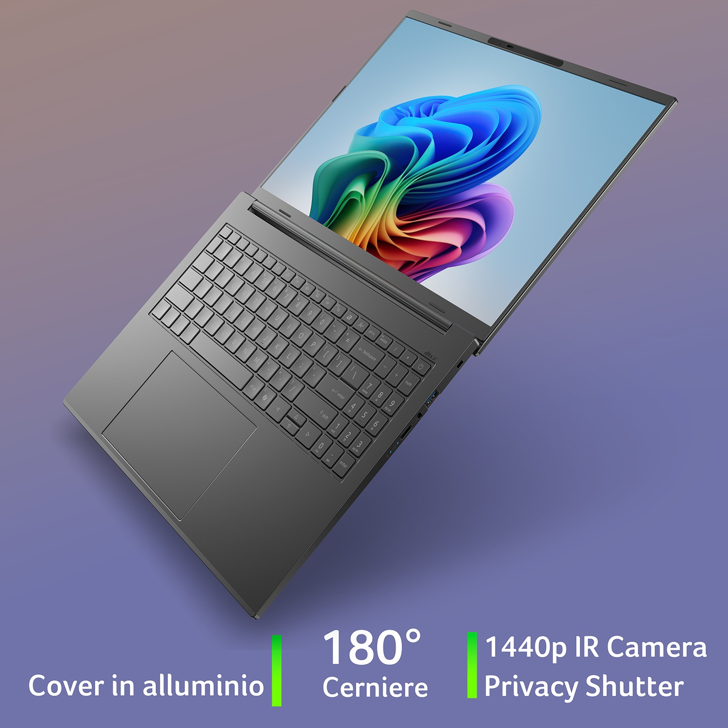 Laptop grigio con schermo aperto che mostra un'arte astratta colorata. Cerniere 180°.