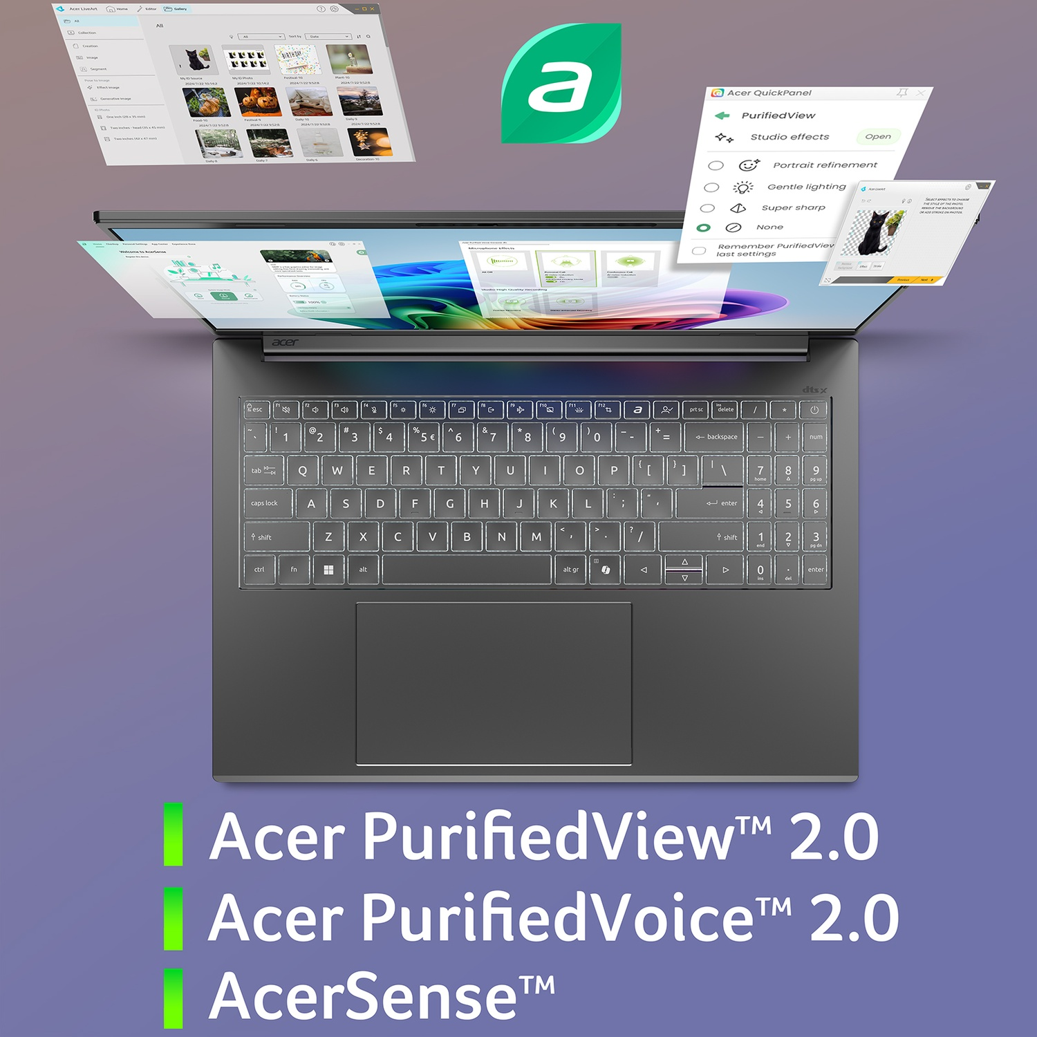 Un laptop Acer con tastiera retroilluminata e finestre software aperte.