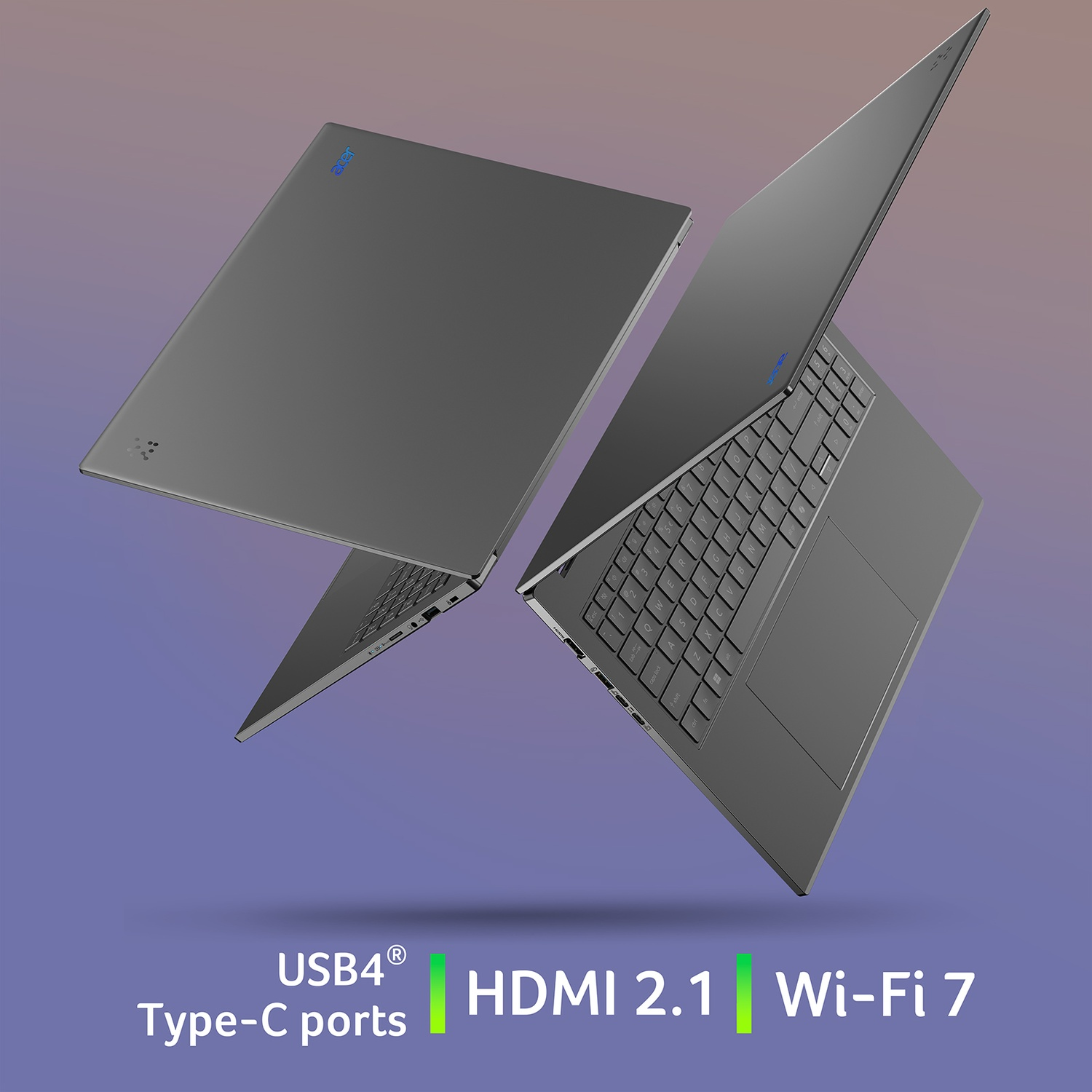 Due laptop grigi, uno aperto mostra la tastiera, entrambi con logo Acer.