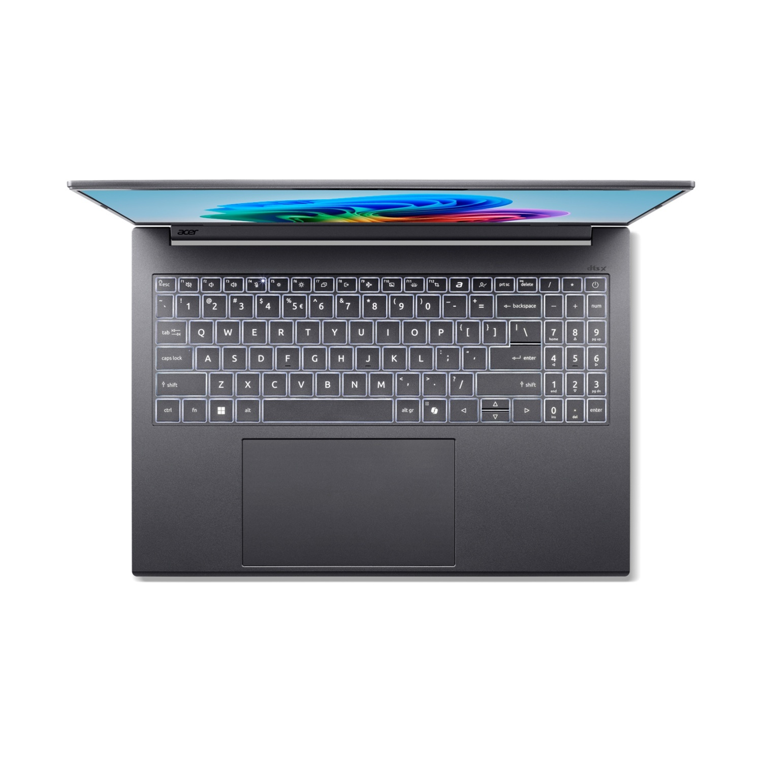 Un laptop Acer scuro con tastiera retroilluminata e schermo colorato.