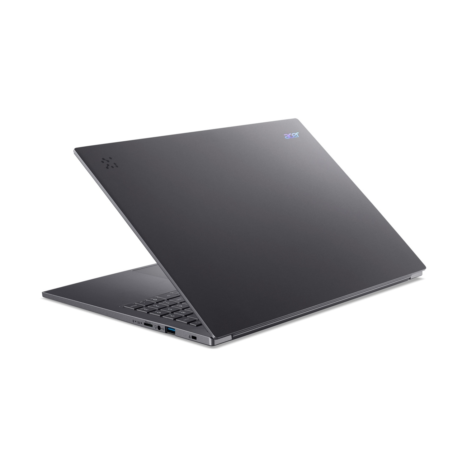 Un laptop Acer grigio, aperto su un lato, che mostra tastiera e porte.