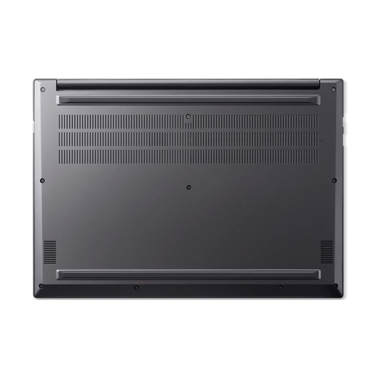 Parte inferiore di un laptop grigio con fessure di ventilazione e viti.