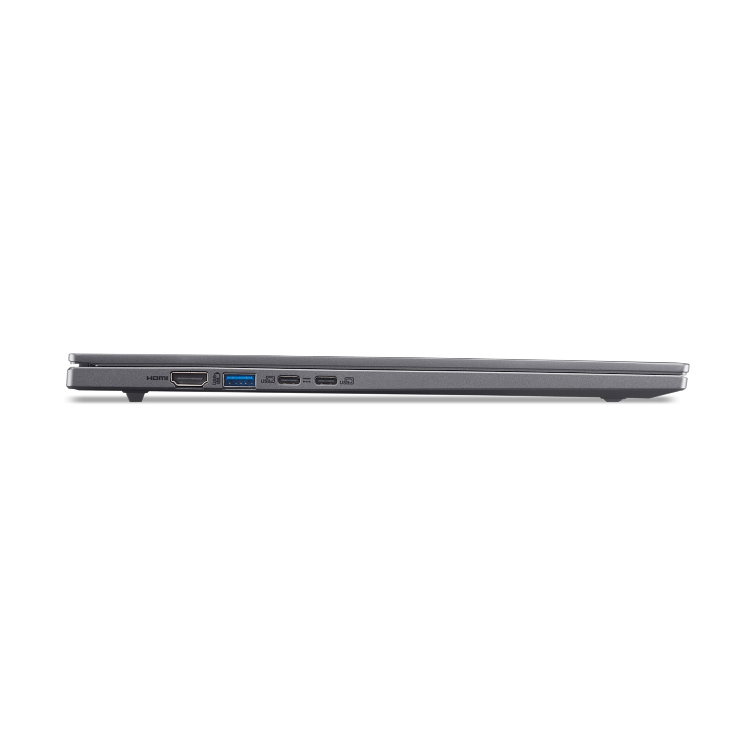 Laptop grigio con porte HDMI, USB-A e USB-C sul lato.