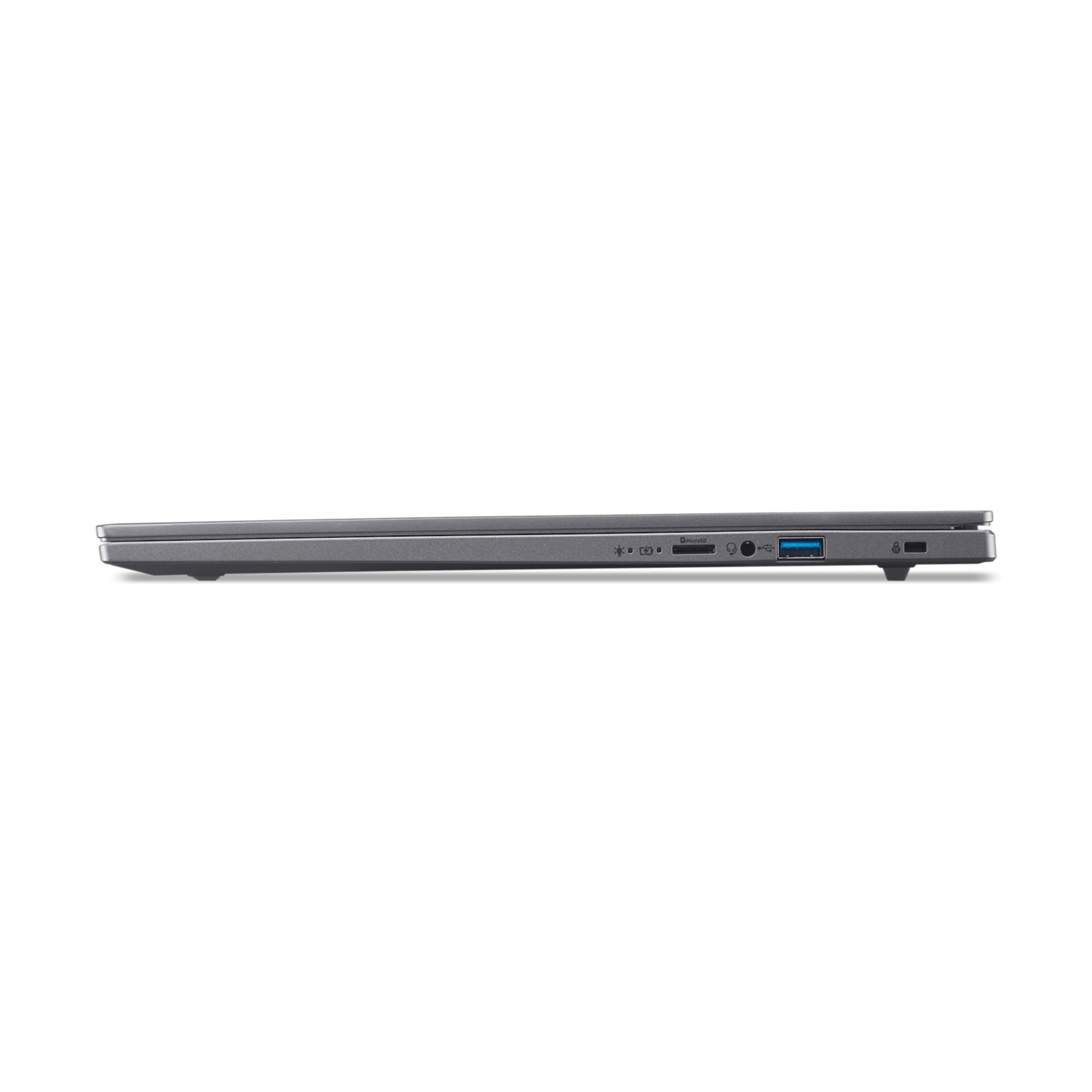 Bordo grigio del laptop con porte: MicroSD, USB, alimentazione.