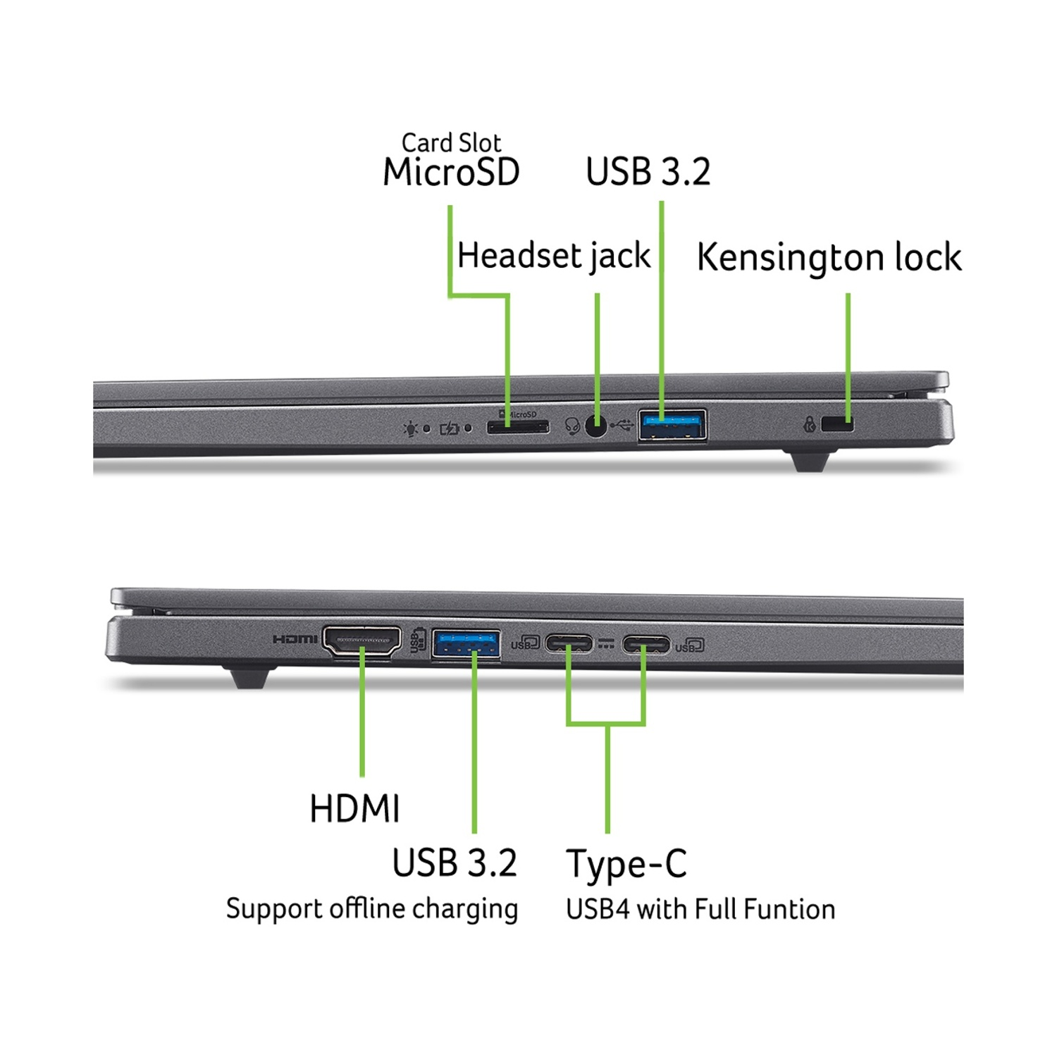 Porte del laptop: HDMI, USB 3.2, USB-C, slot MicroSD, jack cuffie, blocco Kensington.