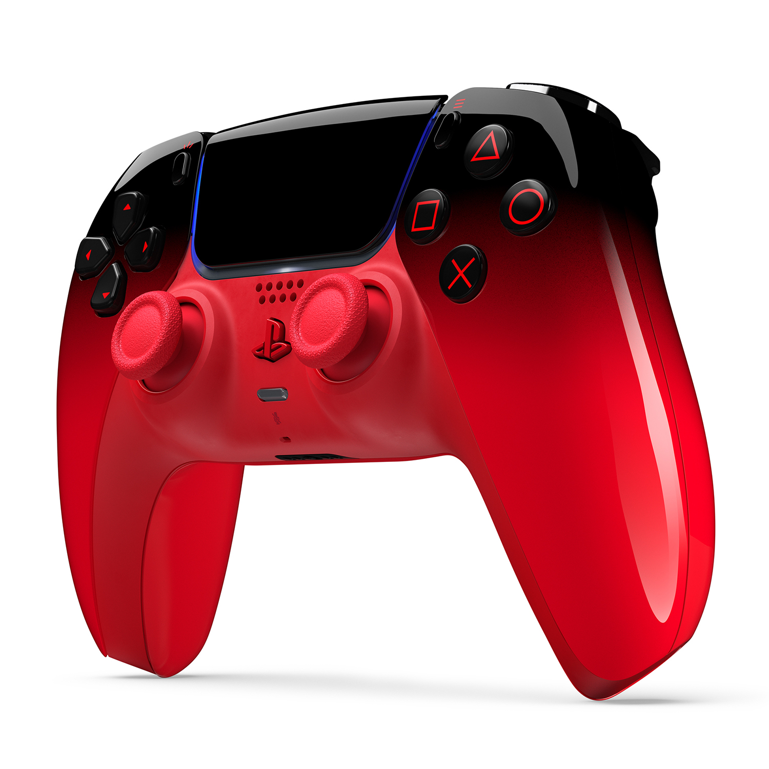 Un controller da gioco rosso con accenti e pulsanti neri.