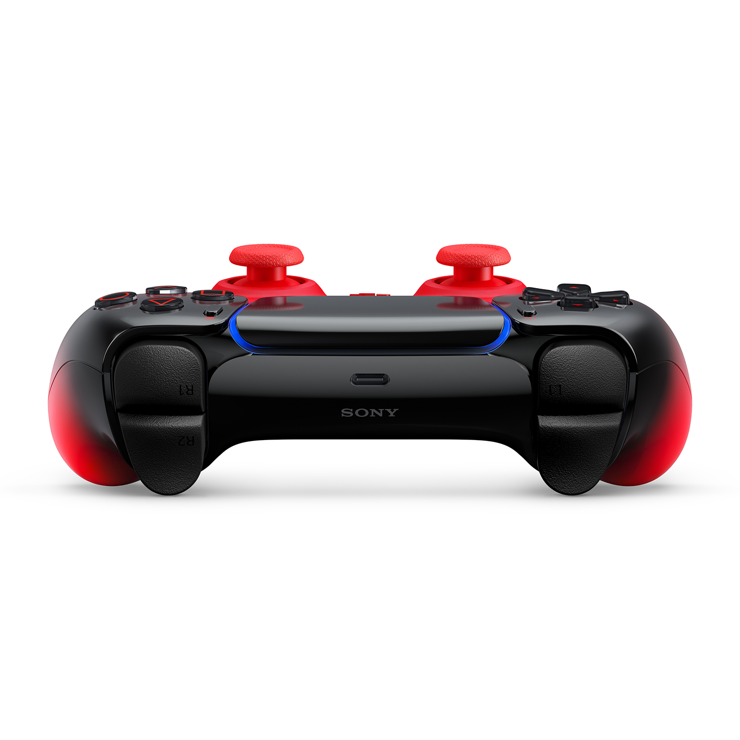 Controller di gioco nero con accenti rossi su joystick e impugnature.