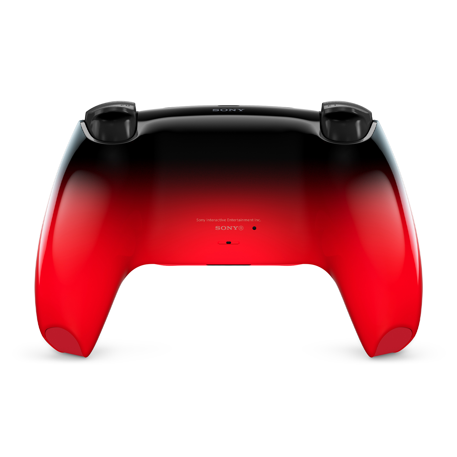 Controller PlayStation 5 nero e rosso visto da dietro.