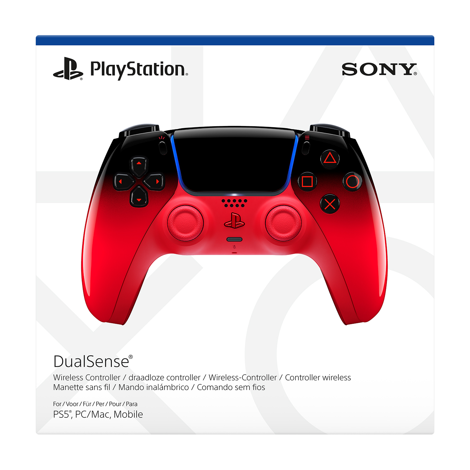 Confezione controller PlayStation DualSense rossa e nera con logo Sony.