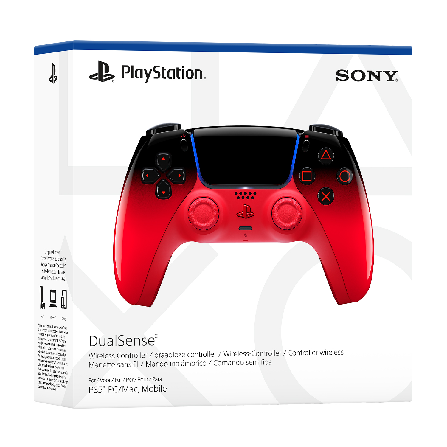 Un controller DualSense PlayStation rosso e nero con il logo PlayStation.