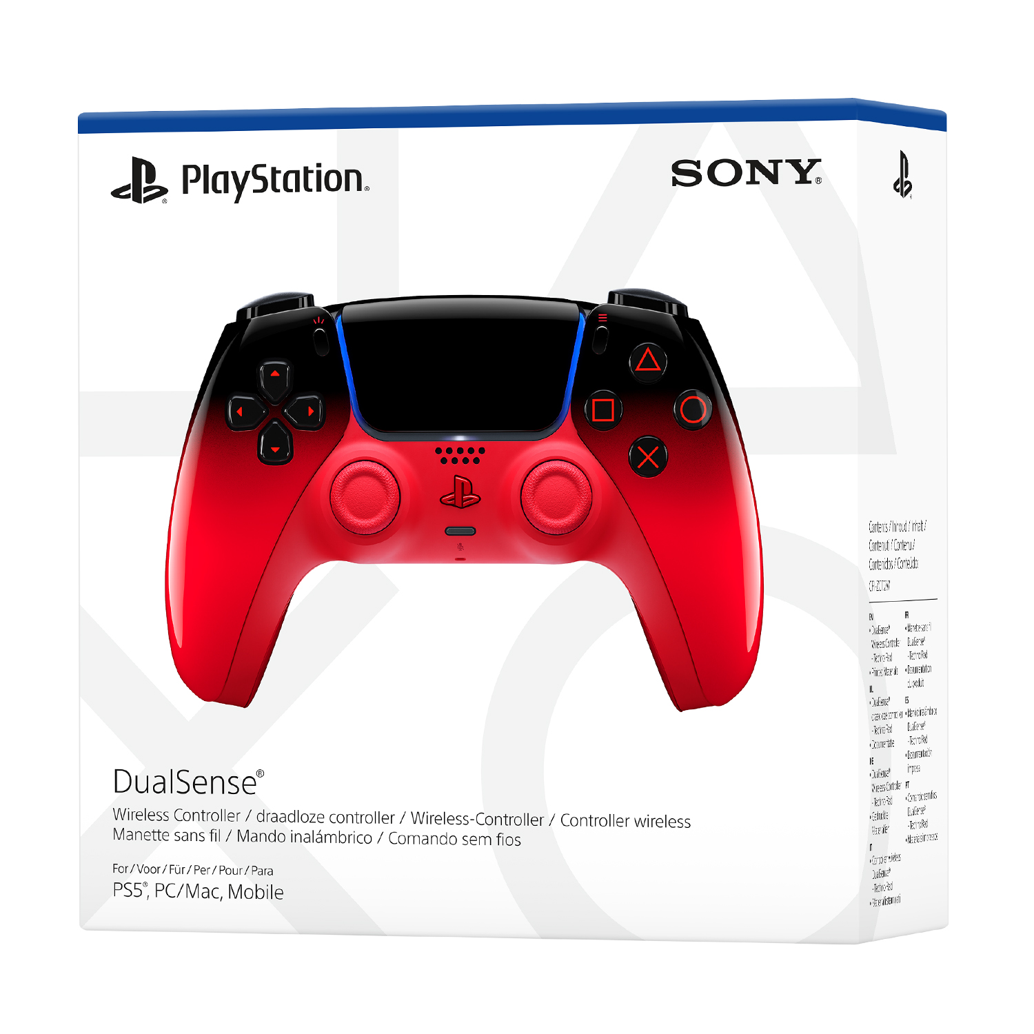 Scatola controller DualSense rossa e nera con loghi PlayStation e Sony.