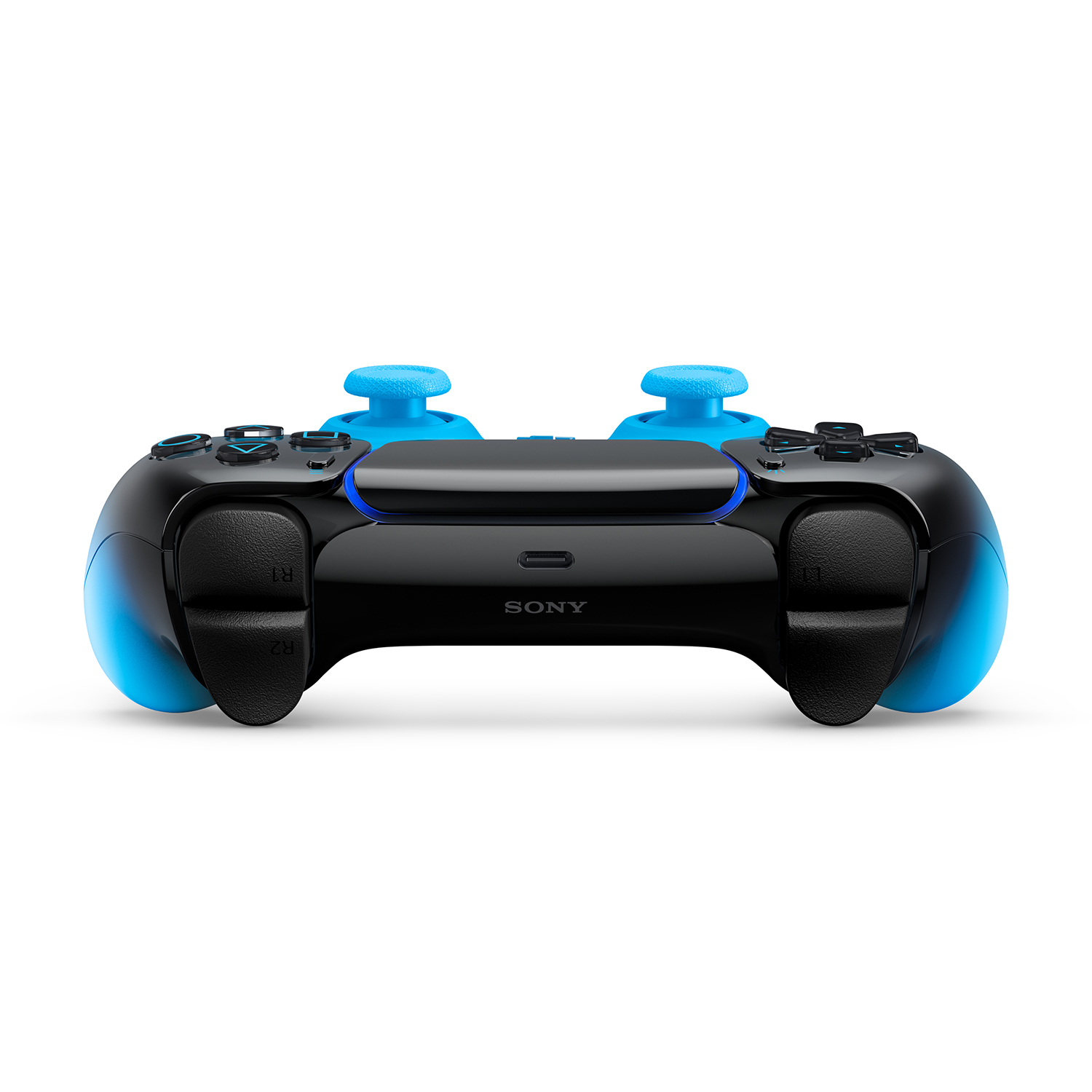 Controller nero con accenti blu, logo Sony e bordi illuminati.