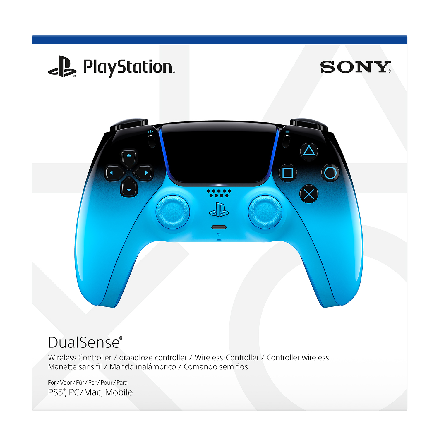 Controller PlayStation DualSense blu e nero, con loghi Sony e PlayStation.