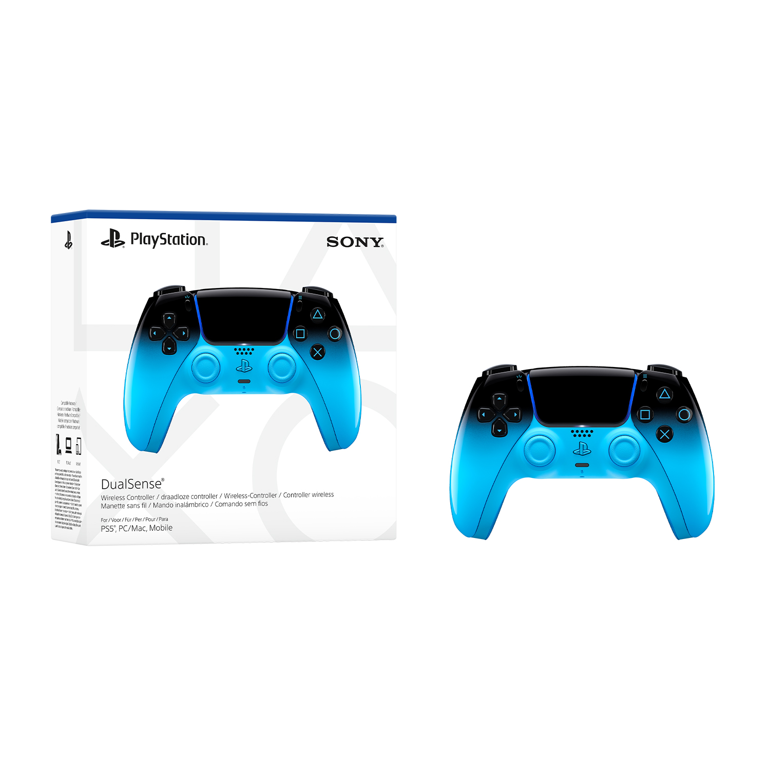 Un controller PlayStation DualSense blu e nero su sfondo bianco.