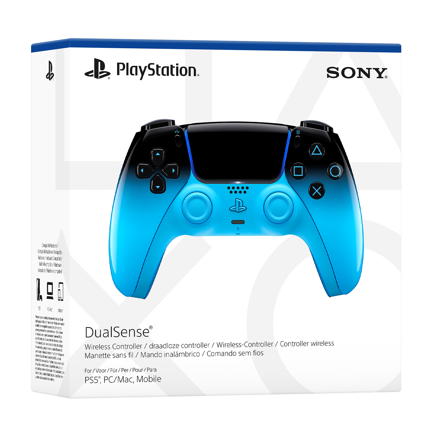 Controller PlayStation DualSense blu e nero, con loghi PlayStation e Sony.