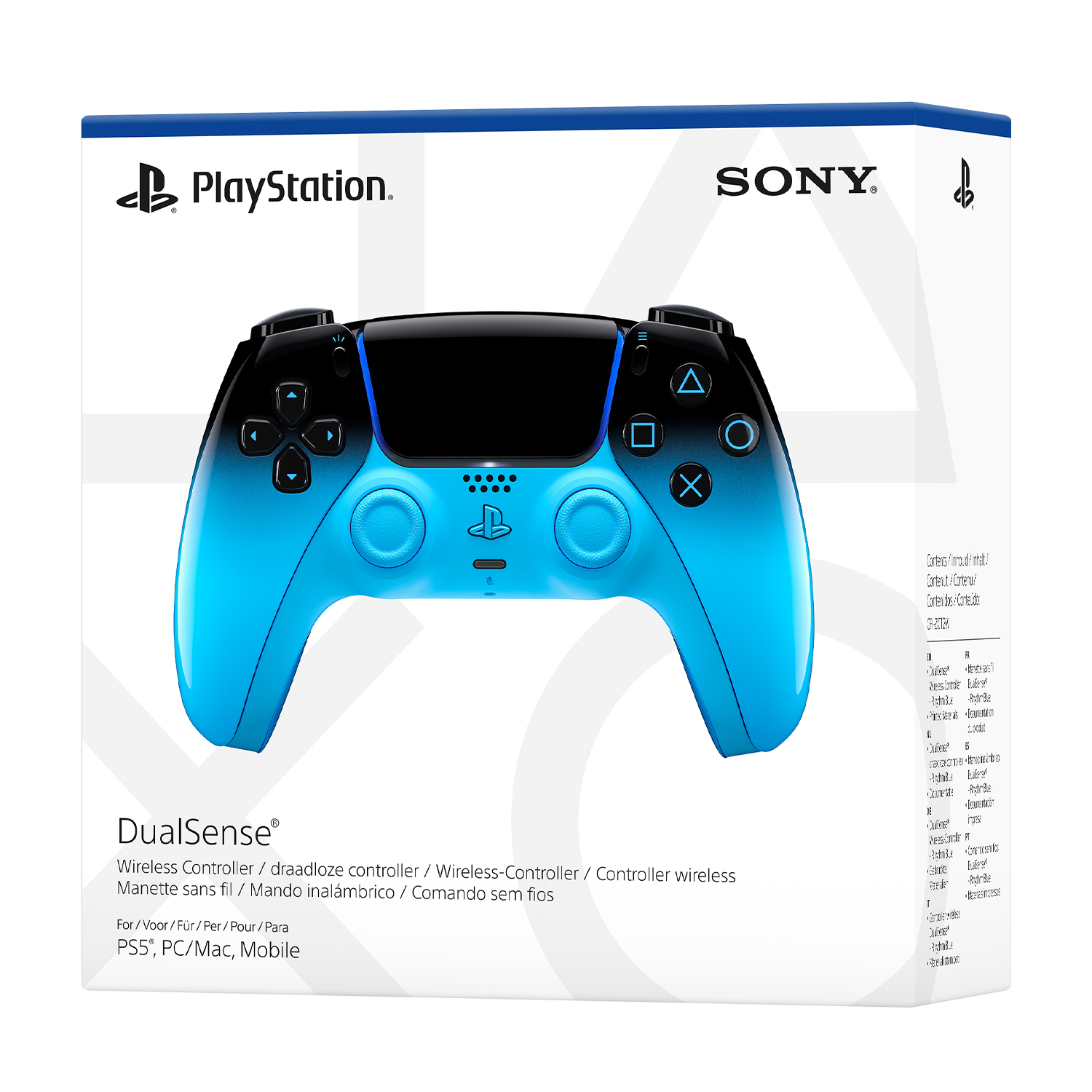Controller PlayStation DualSense nero e blu, su scatola bianca.