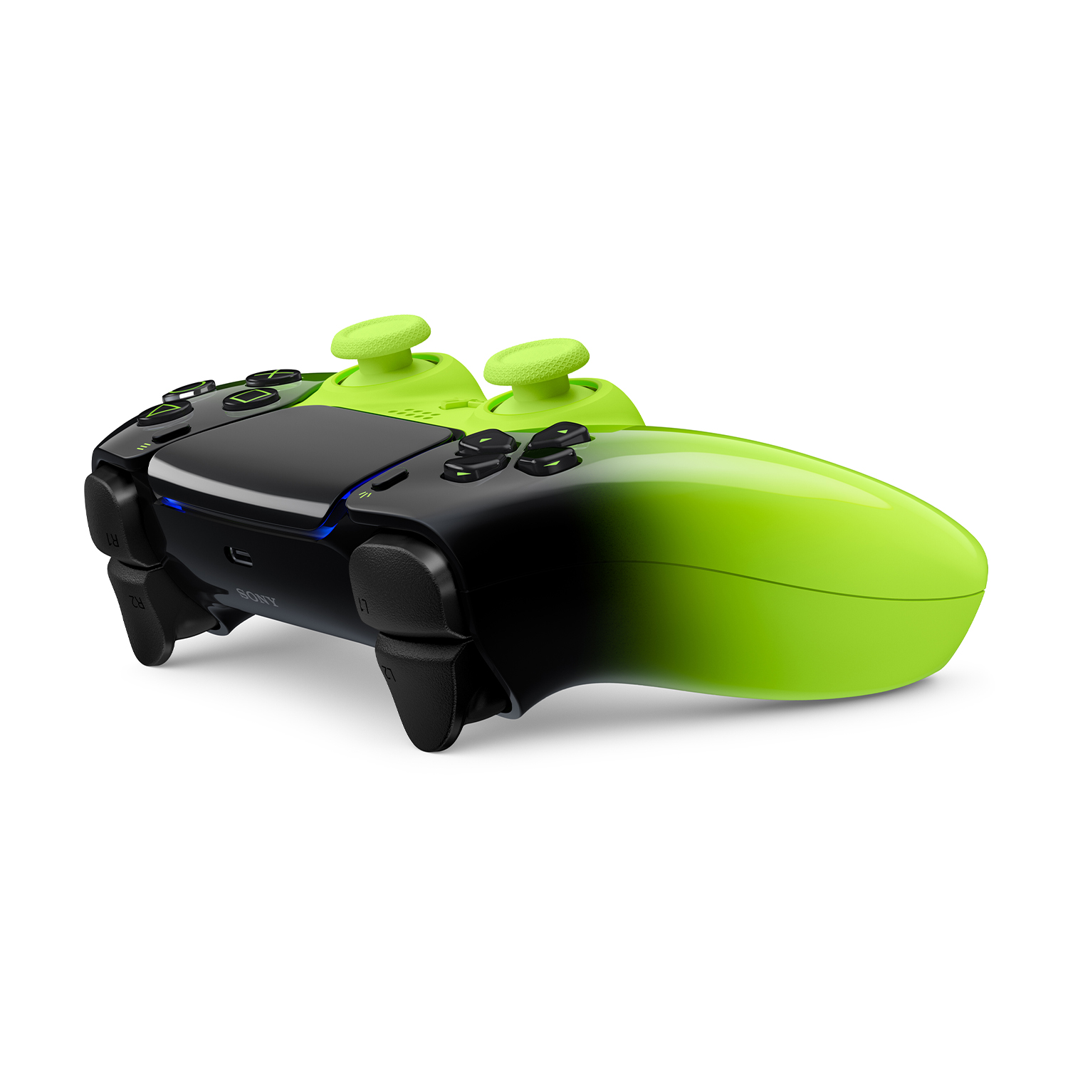 Un controller nero e verde sfumato su sfondo bianco.