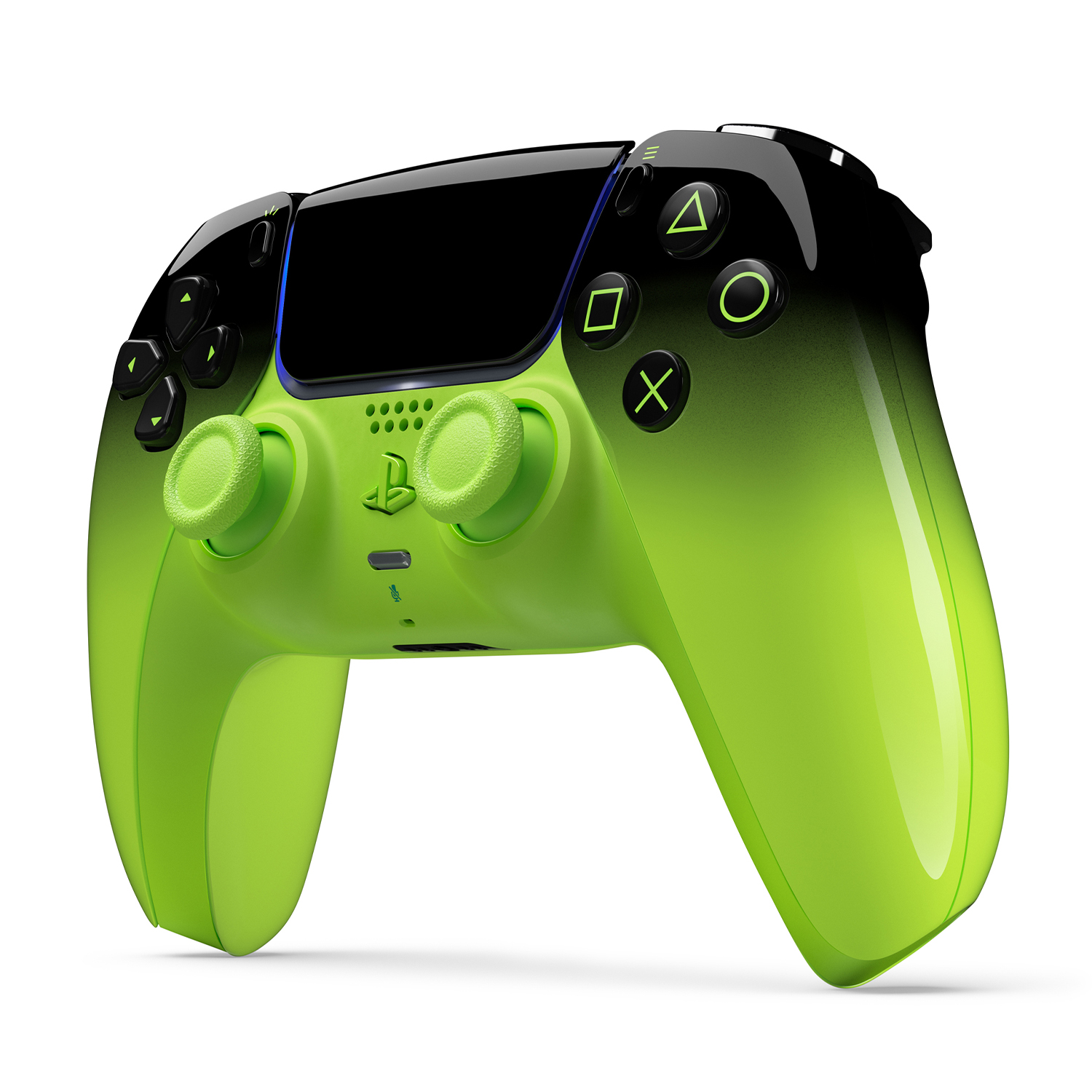 Un controller per videogiochi verde brillante e nero con due joystick.