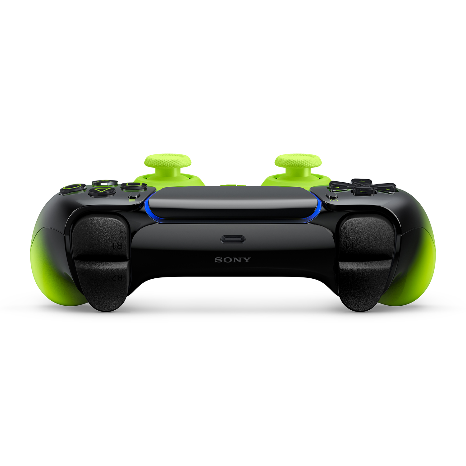 Controller da gioco nero con accenti verde brillante e joystick.