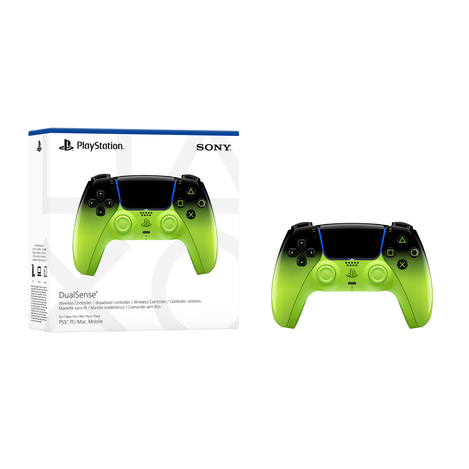 Un controller PlayStation DualSense verde e nero con logo PlayStation.
