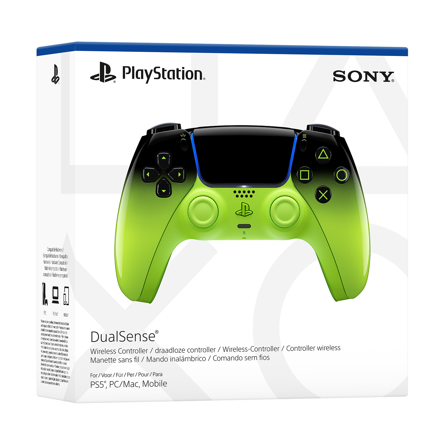 Confezione verde e nera del controller PlayStation DualSense con immagine del controller.