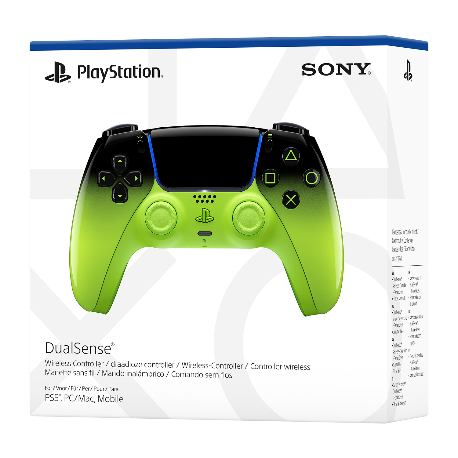 Controller Sony PlayStation DualSense in verde e nero. Loghi in alto.