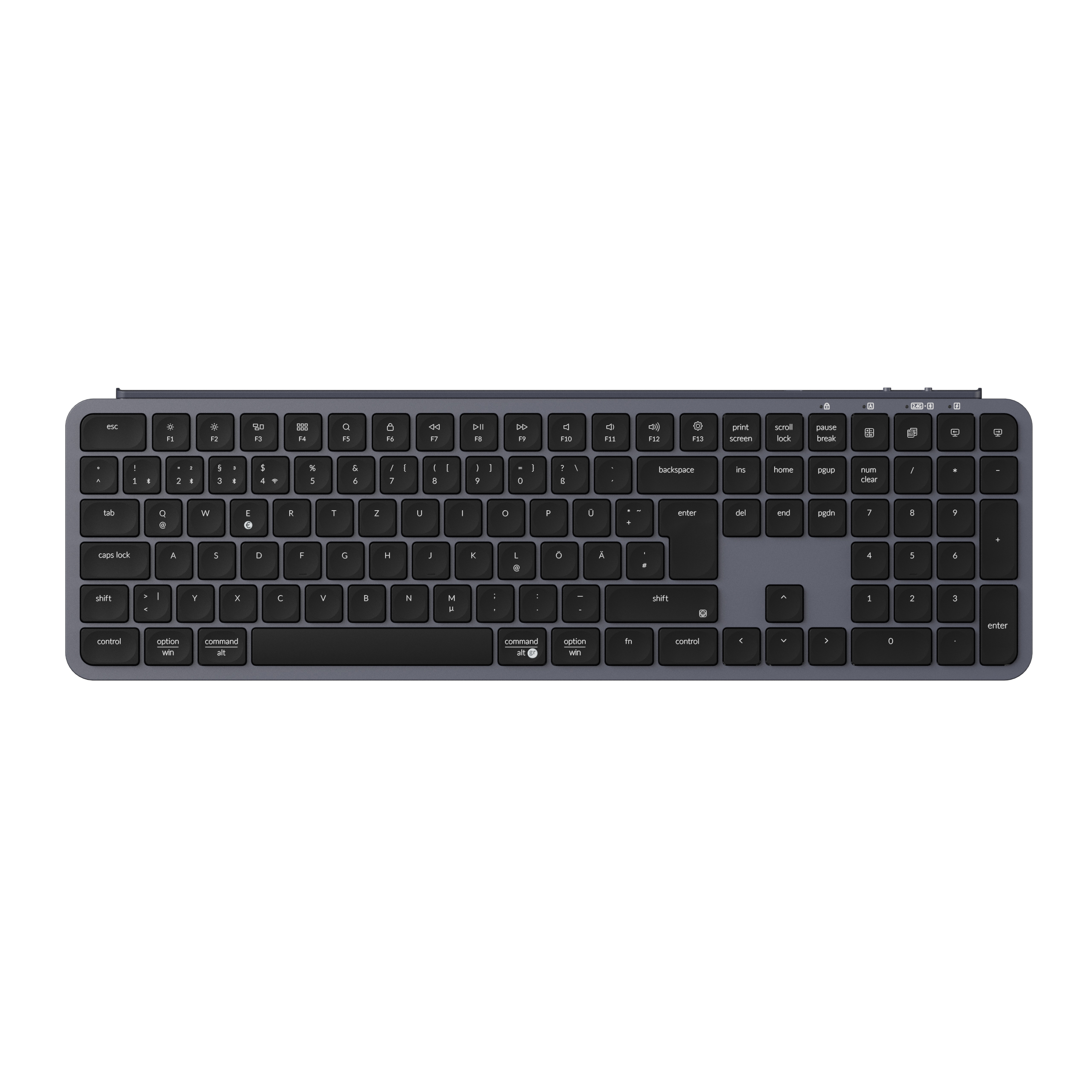 Eine dunkle Tastatur mit silbernen Tasten und Symbolen liegt auf einem weißen Hintergrund.