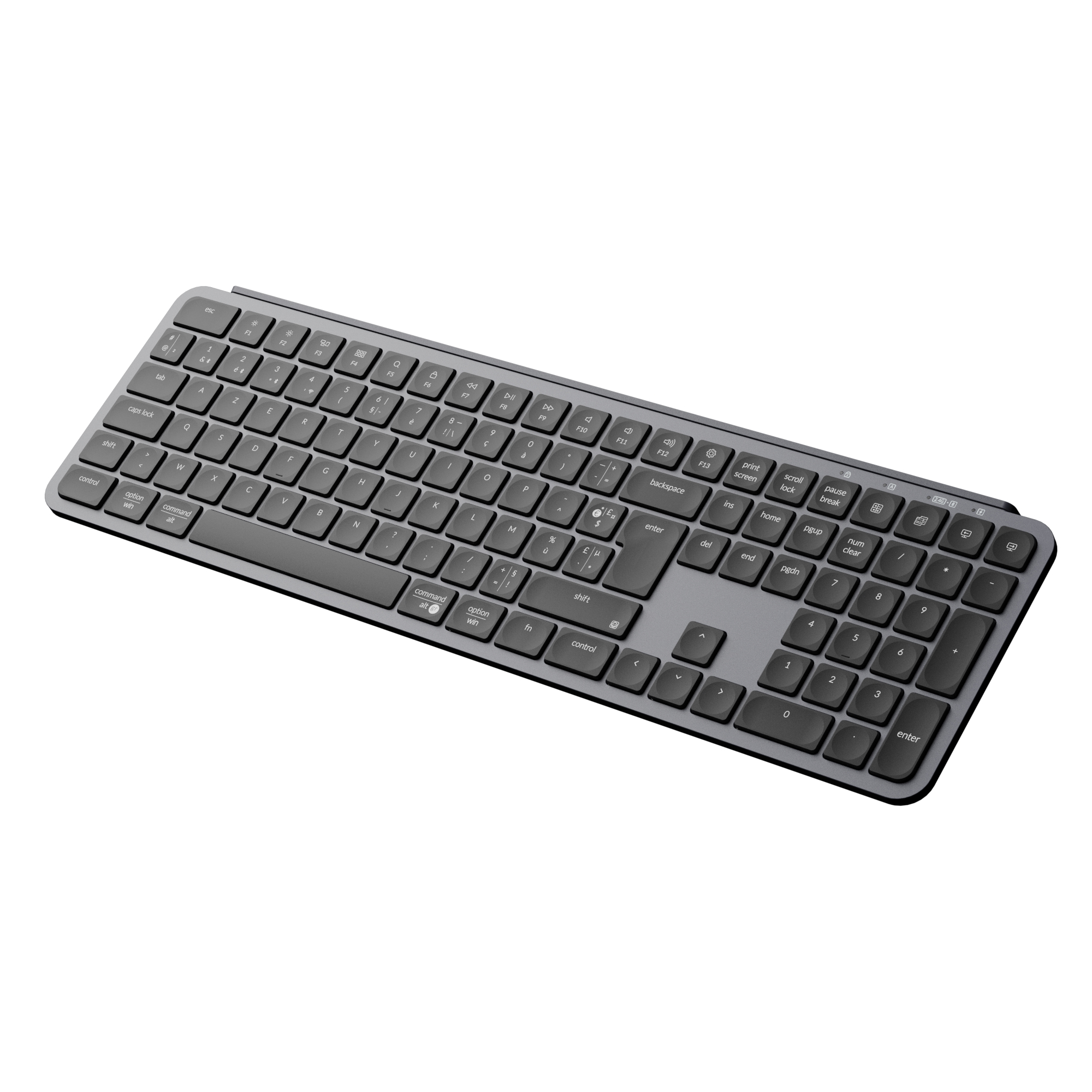 Eine dunkle Tastatur mit nummerischem Block und Funktionstasten auf weißem Hintergrund.