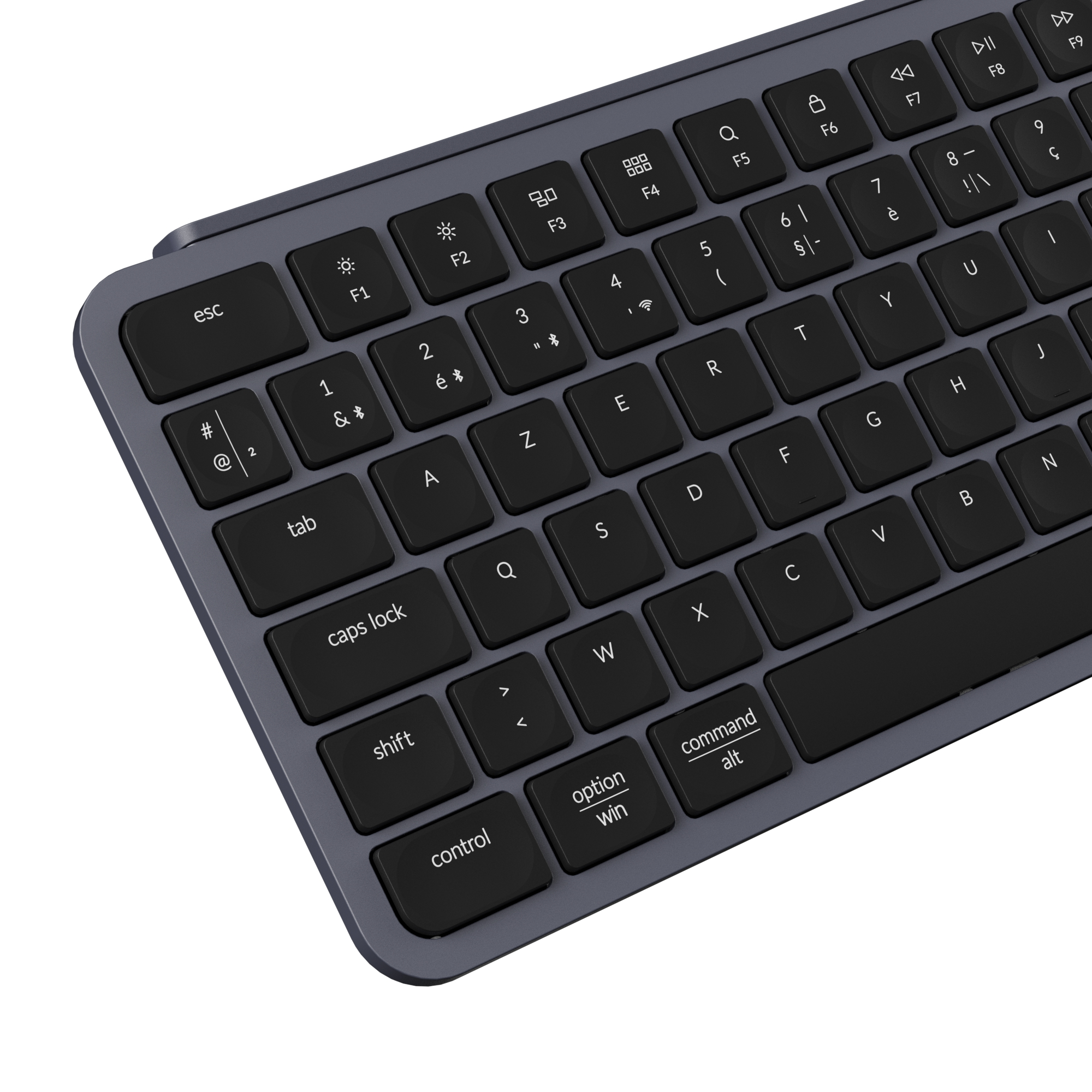 Eine graue Tastatur mit schwarzen Tasten und weißer Schrift.