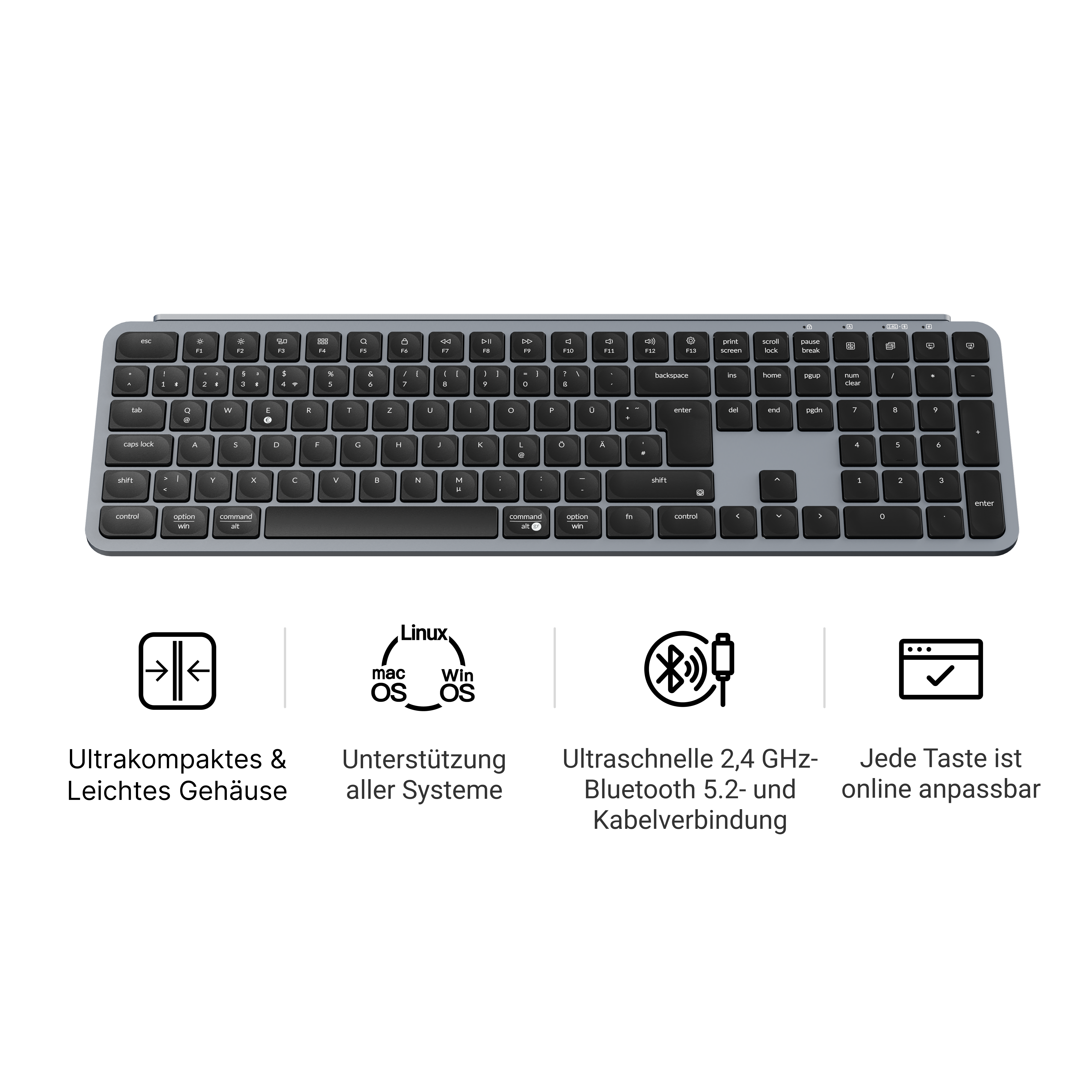 Graue Tastatur mit Nummernblock, Symbolen für Linux, Mac und Windows.