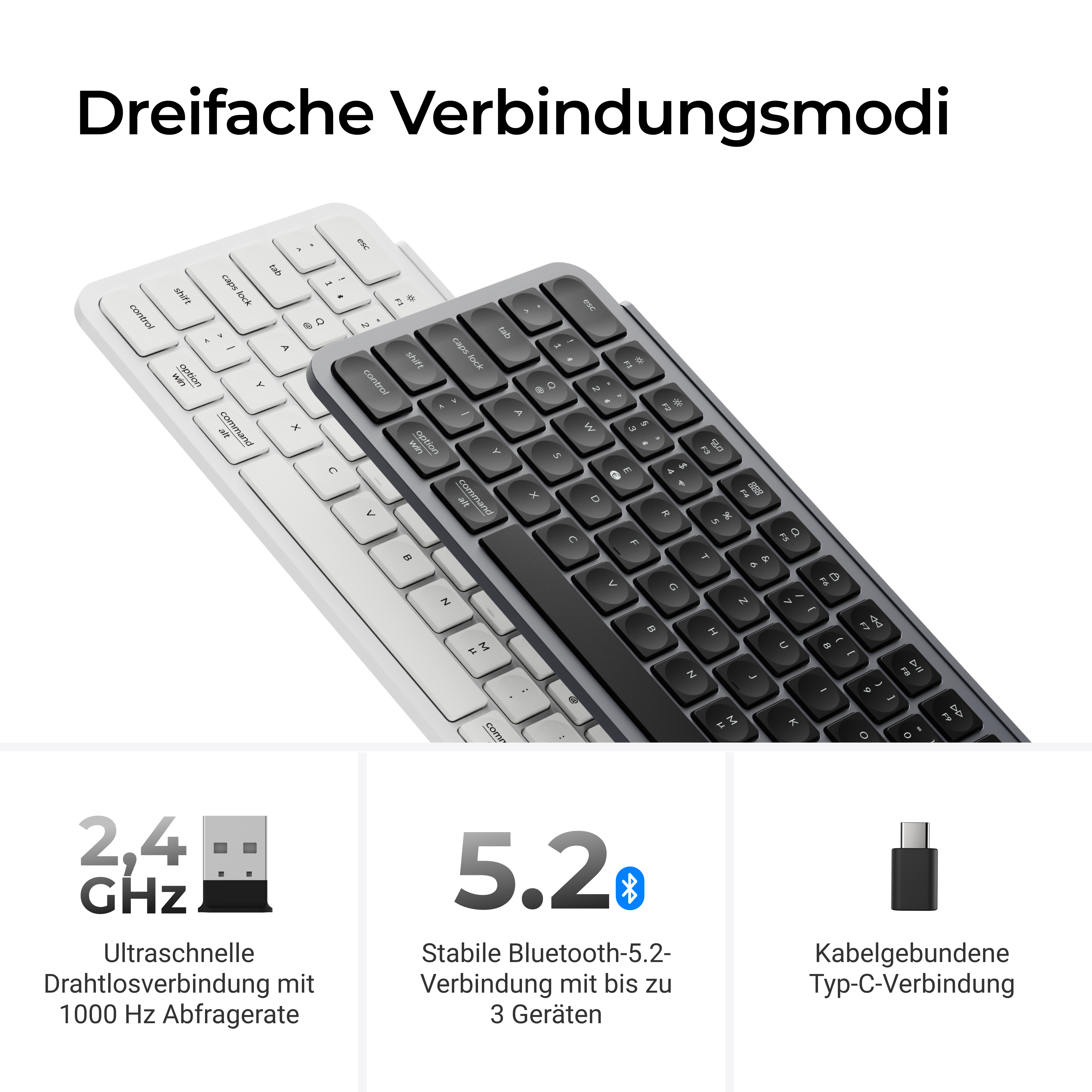 Zwei Tastaturen, eine weiß, eine schwarz, mit Verbindungsinformationen.