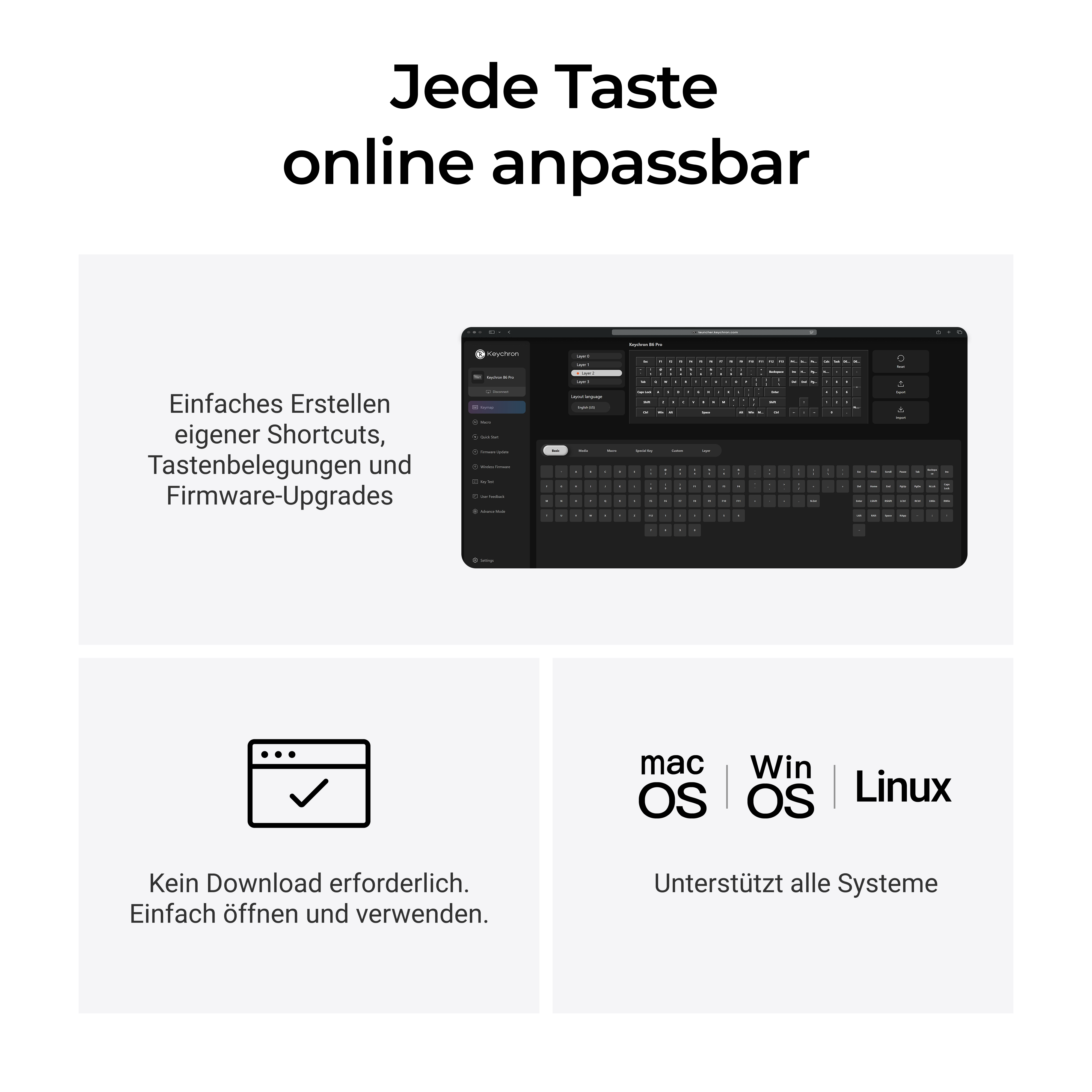 Screenshot einer Tastatur-Konfigurationssoftware mit Optionen für Mac, Win, Linux.