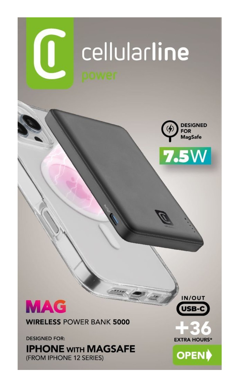 Power bank MagSafe negra sobre iPhone con funda transparente, 7,5W.
