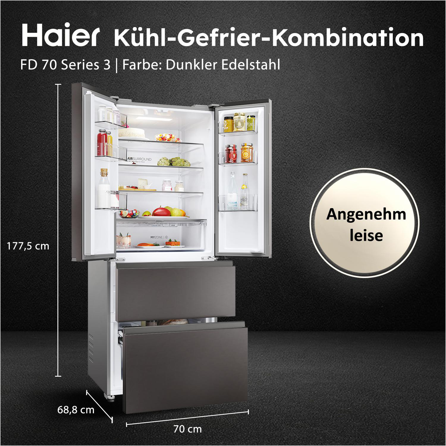 Haier Kühl-Gefrier-Kombination mit geöffneten Türen, Innenansicht von Lebensmitteln.