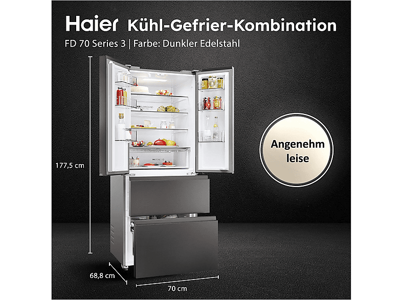 HAIER HFR3718DNMD FD 70 Series 3 French Door Kühlgefrierkombination (402 l, D, 1775 mm hoch, Dark Inox)