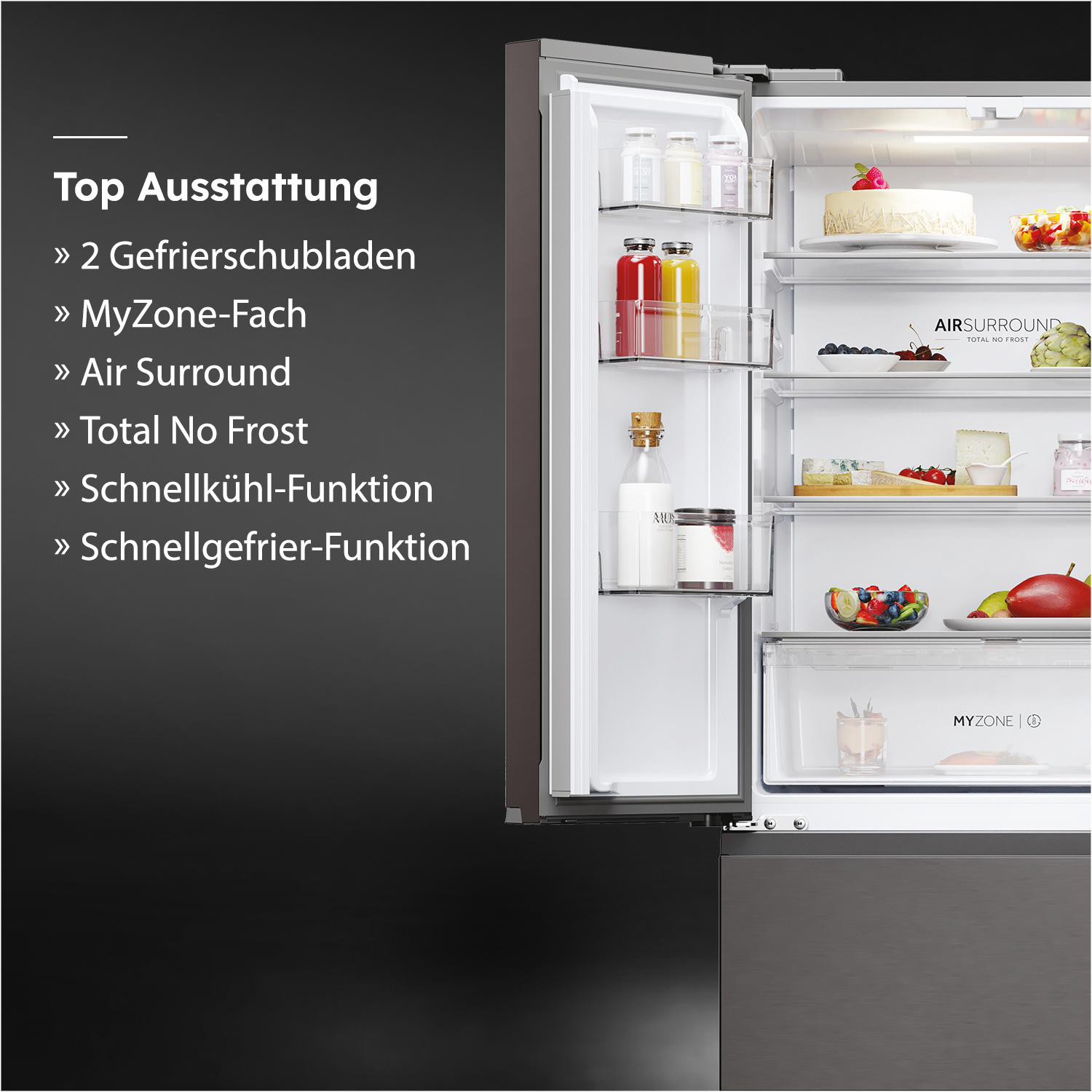 Kühlschrank mit geöffneter Tür, gefüllt mit Lebensmitteln. Textliste rechts.