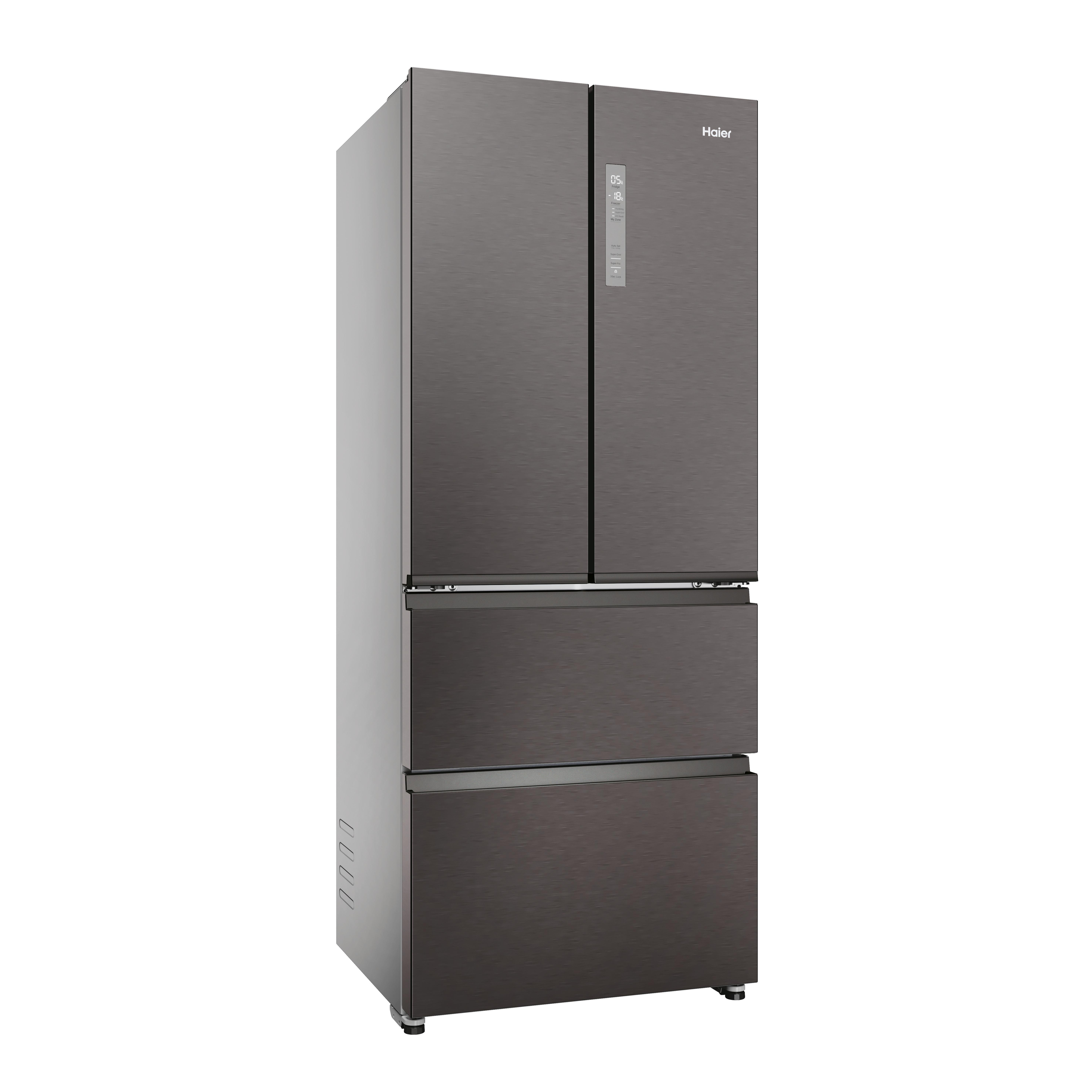 Ein dunkler Haier Kühlschrank mit vier Türen und Schubladen.