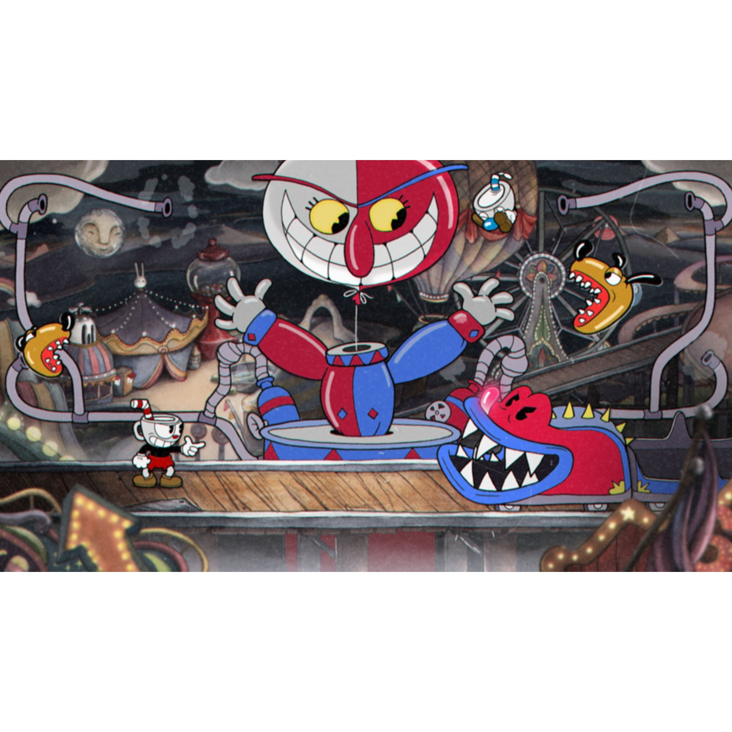 Cuphead vecht tegen een gigantische circusdirecteur met rode en blauwe armen in een achtbaanomgeving.