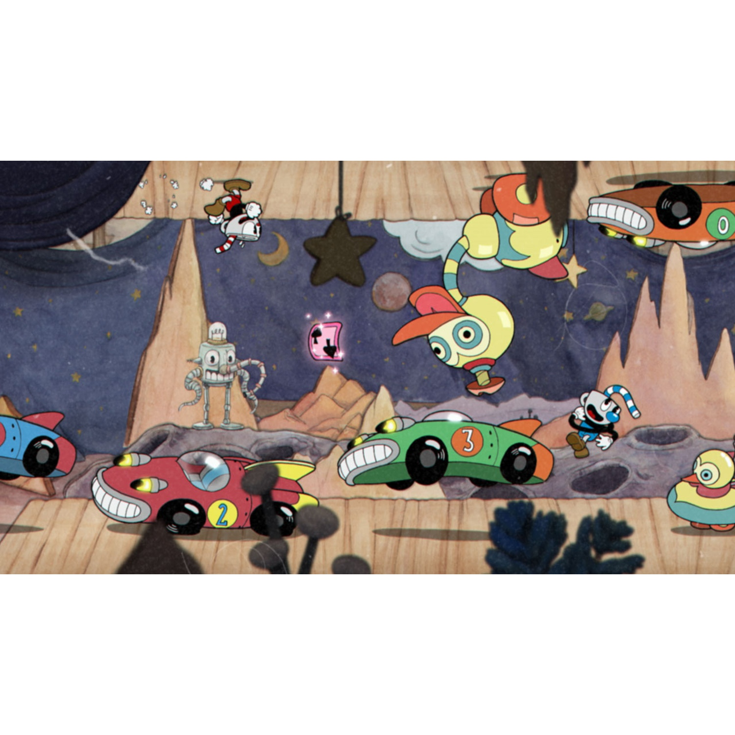 Cuphead-personages racen in cartoonauto's op een podium met sterrenachtergrond.