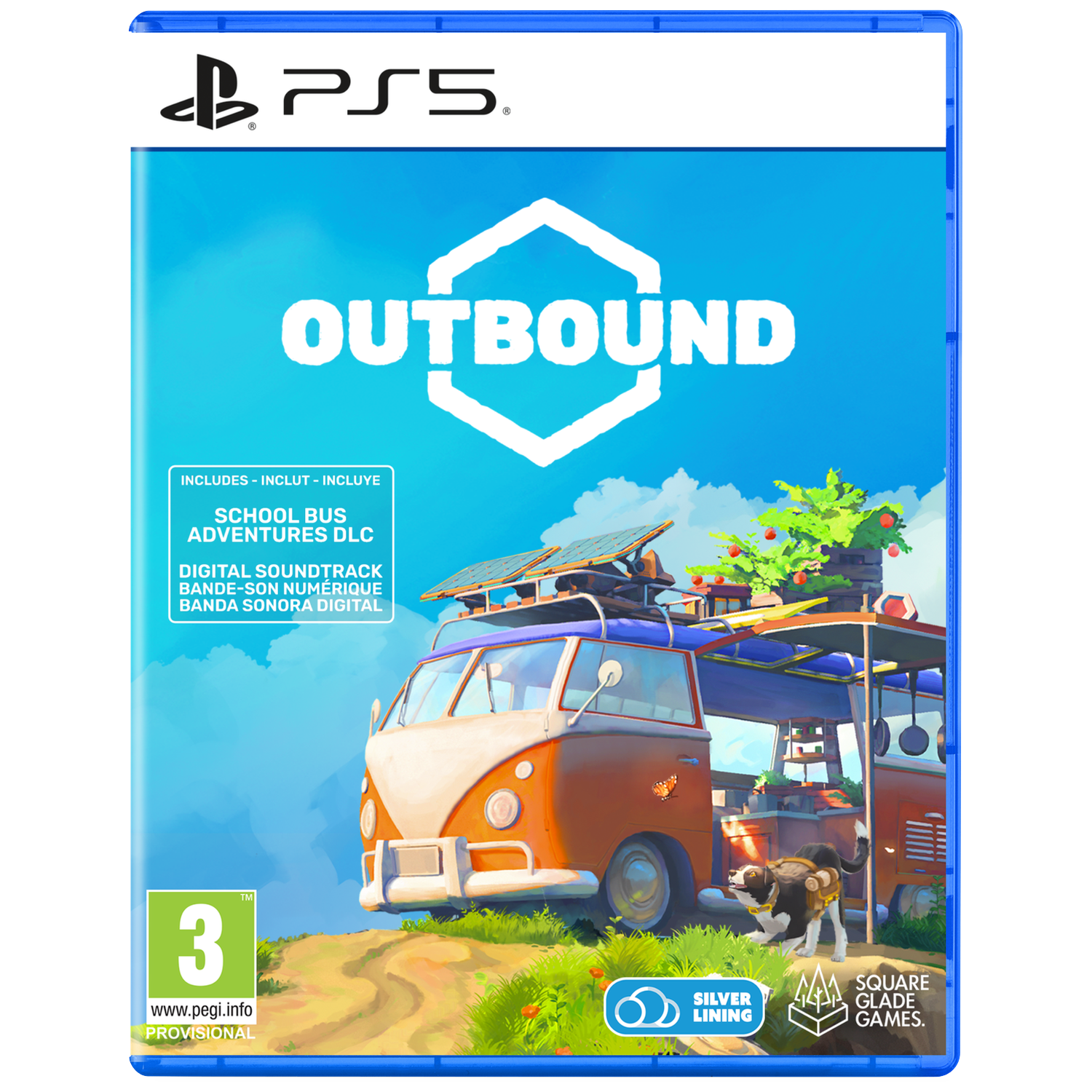PS5 game 'Outbound' cover. Een retro camper, hond en boom op een zonnige heuvel.